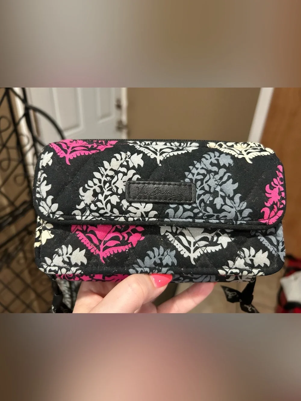 Floral Quilted Wristlet and matching Wallet in Black with Pink & Blue - NEW - Picture 5 of 12
